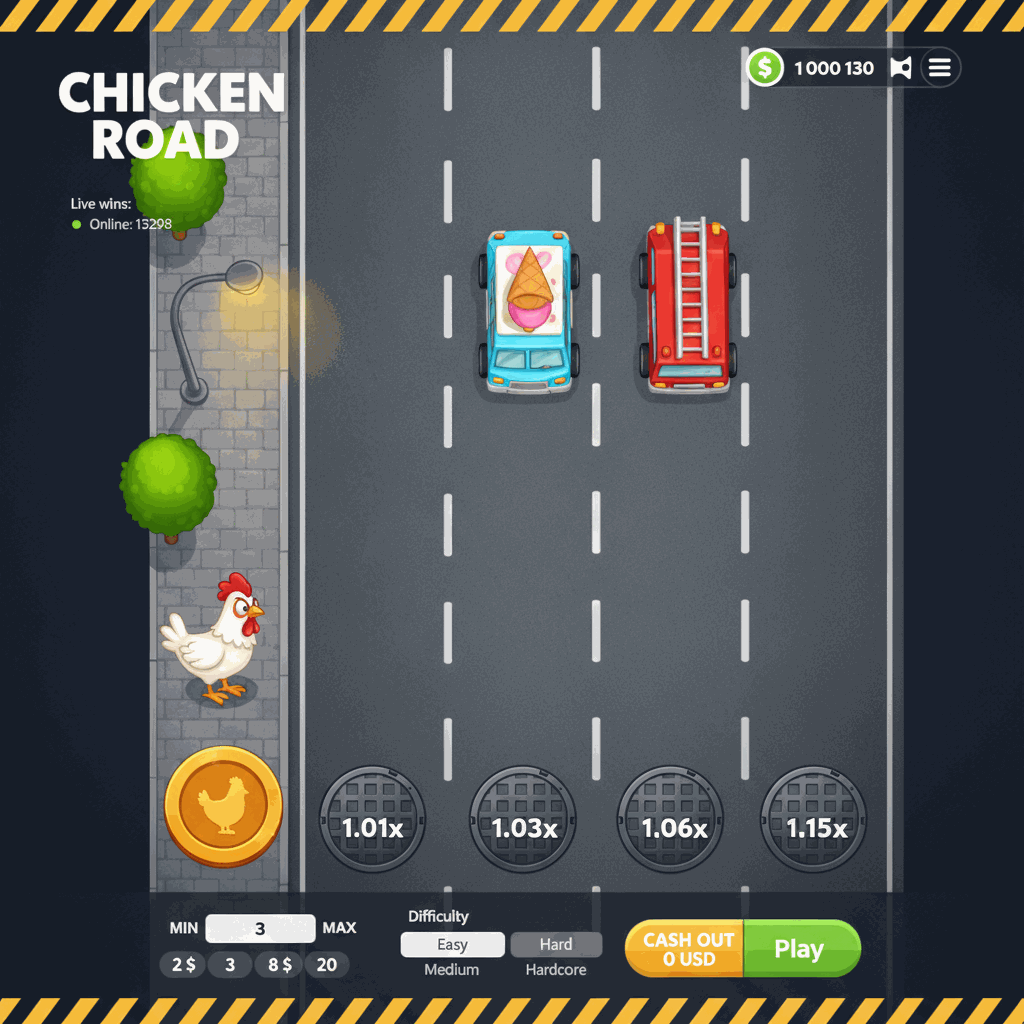 Schermata di gioco di Chicken Road by InOut: un pollo bianco cartoon attraversa una strada grigia a più corsie vista dall'alto, con coperchi di tombini che mostrano moltiplicatori crescenti, mentre auto colorate si muovono sulle corsie; interfaccia di gioco crash-style con pannello di controllo delle puntate in basso e indicatore di vincite live in tempo reale nell'angolo superiore sinistro
